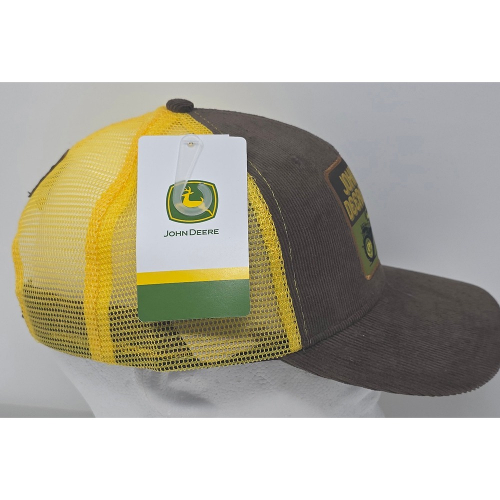John Deere Trucker Hat Brown Corduroy Yellow Mesh Patch Snapback Cap NWT - Picture 6 of 10